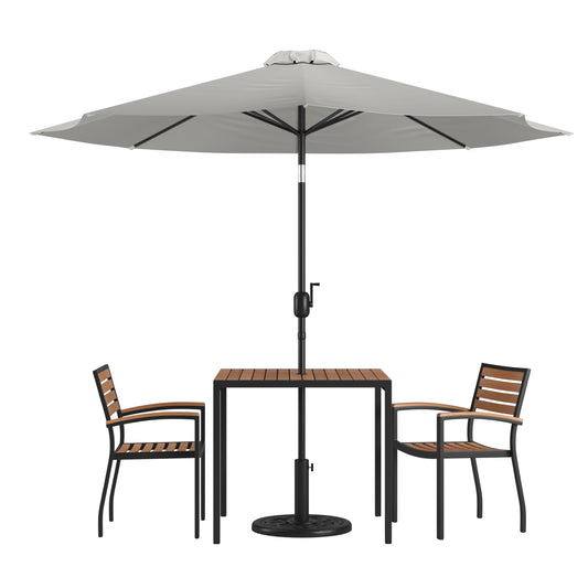 Lark 5 Piece Outdoor Patio Table Set with 2 Synthetic Teak Stackable Chairs, Lark 3Lark 5" Square Table & Umbrella with Base