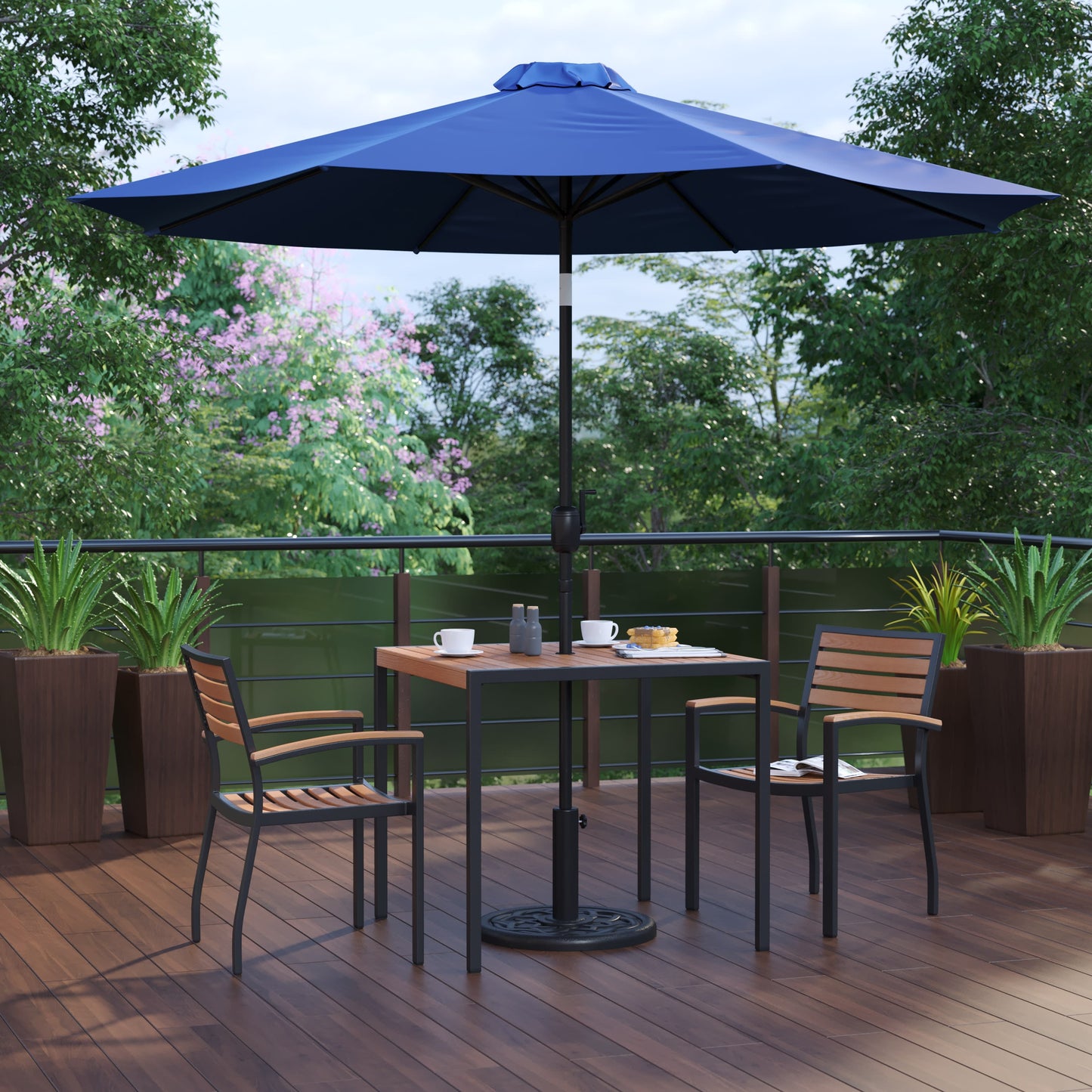 Lark 5 Piece Outdoor Patio Table Set with 2 Synthetic Teak Stackable Chairs, Lark 3Lark 5" Square Table & Umbrella with Base