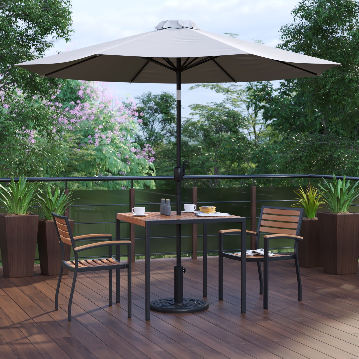 Lark 5 Piece Outdoor Patio Table Set with 2 Synthetic Teak Stackable Chairs, Lark 3Lark 5" Square Table & Umbrella with Base