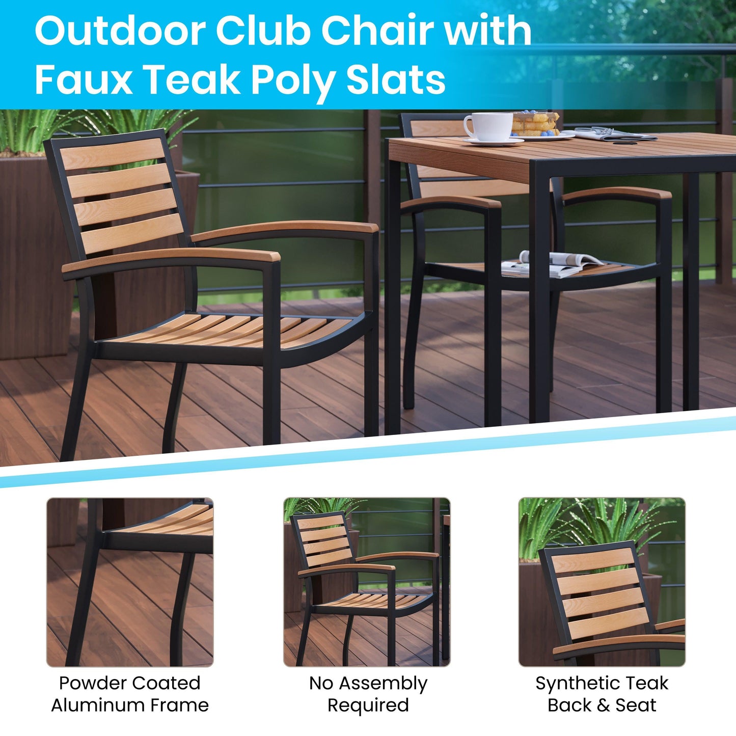 Lark 5 Piece Outdoor Patio Table Set with 2 Synthetic Teak Stackable Chairs, Lark 3Lark 5" Square Table & Umbrella with Base
