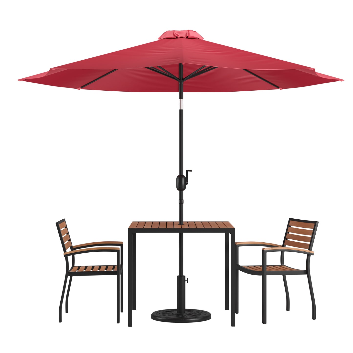 Lark 5 Piece Outdoor Patio Table Set with 2 Synthetic Teak Stackable Chairs, Lark 3Lark 5" Square Table & Umbrella with Base
