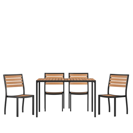 Lark 5 Piece Patio Table Set - Synthetic Teak Poly Slats - Lark 30" x 48" Steel Framed Table with 4 Stackable Faux Teak Chairs