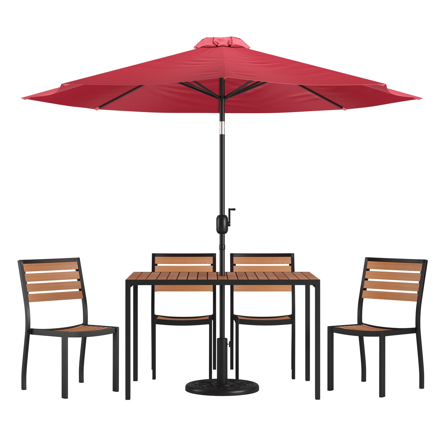 Lark 7 Piece All-Weather Deck or Patio Set with Stacking Faux Teak Chairs, Faux Teak Table & Umbrella with Base