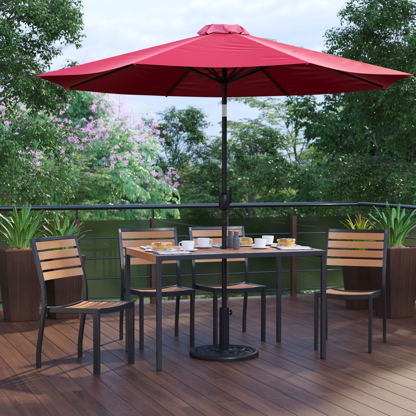Lark 7 Piece All-Weather Deck or Patio Set with Stacking Faux Teak Chairs, Faux Teak Table & Umbrella with Base