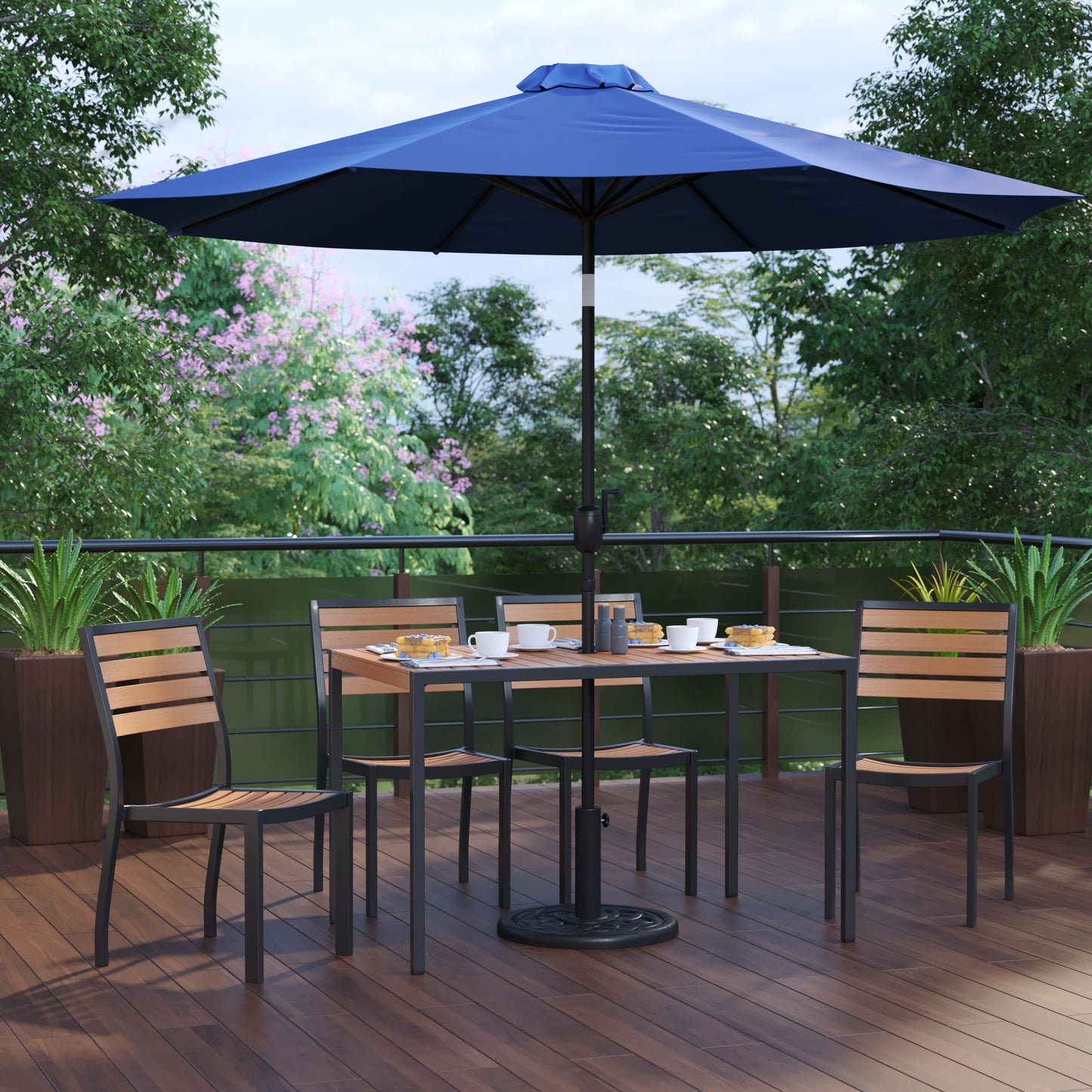 Lark 7 Piece All-Weather Deck or Patio Set with Stacking Faux Teak Chairs, Faux Teak Table & Umbrella with Base