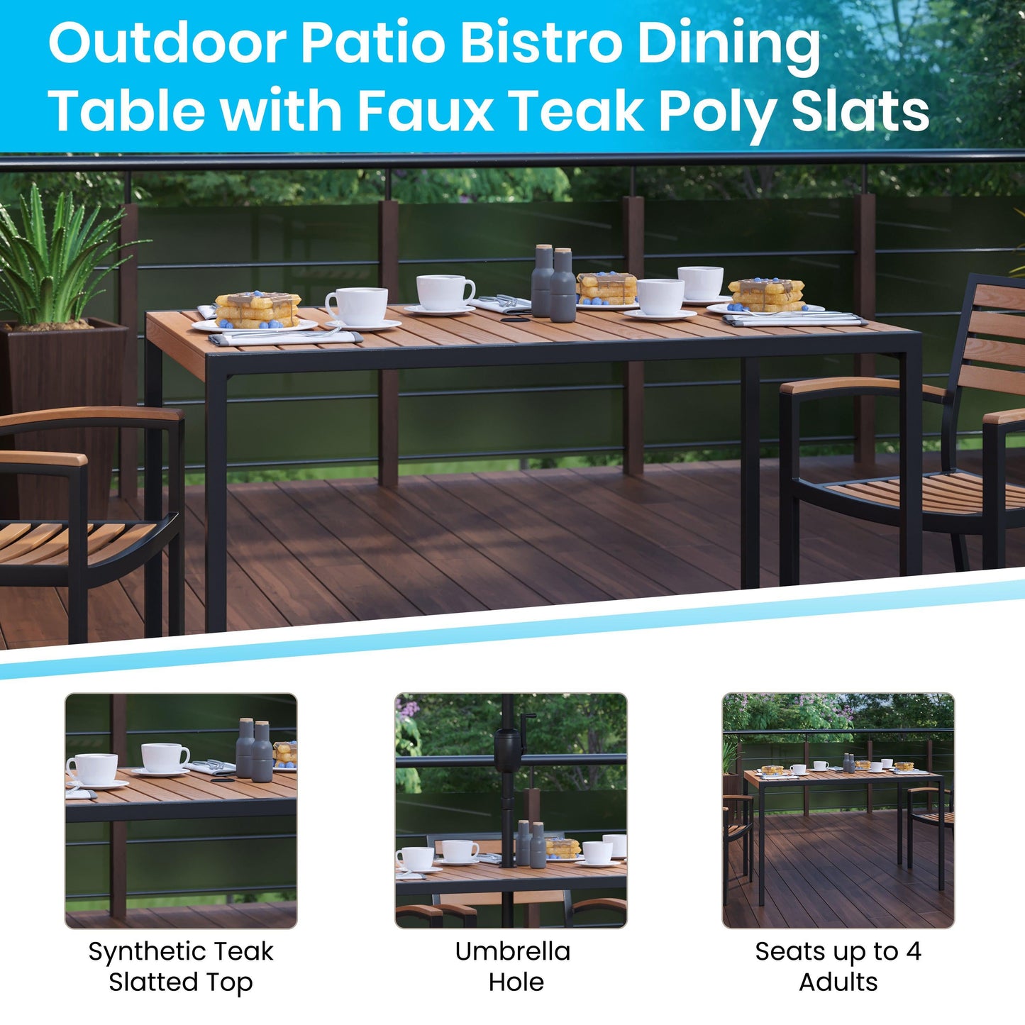 Lark 7 Piece All-Weather Deck or Patio Set with Stacking Faux Teak Chairs, Faux Teak Table & Umbrella with Base