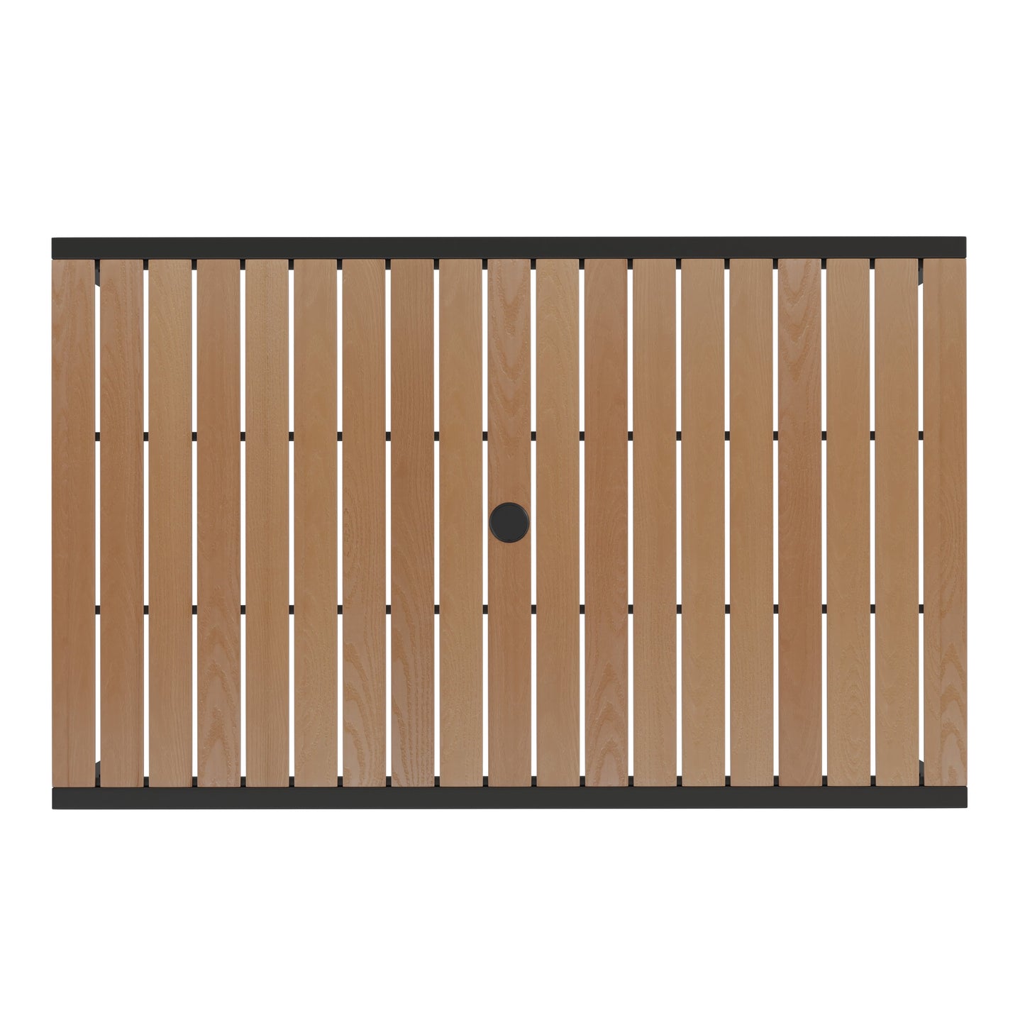 Lark 7 Piece All-Weather Deck or Patio Set with Stacking Faux Teak Chairs, Faux Teak Table & Umbrella with Base