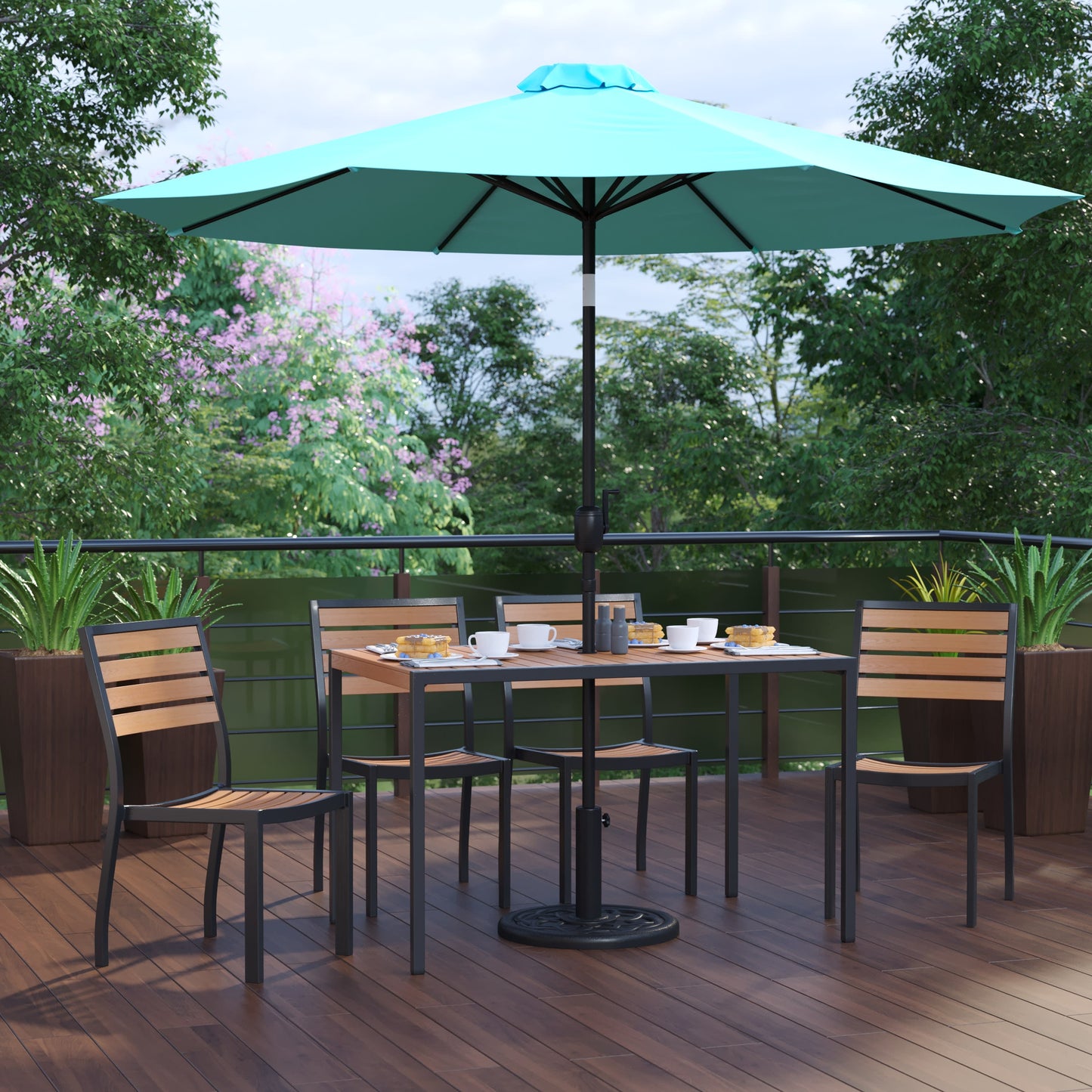 Lark 7 Piece All-Weather Deck or Patio Set with Stacking Faux Teak Chairs, Faux Teak Table & Umbrella with Base