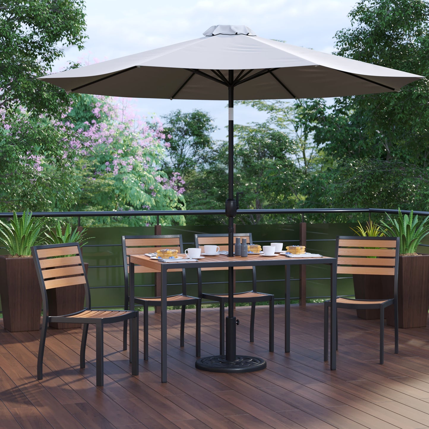 Lark 7 Piece All-Weather Deck or Patio Set with Stacking Faux Teak Chairs, Faux Teak Table & Umbrella with Base