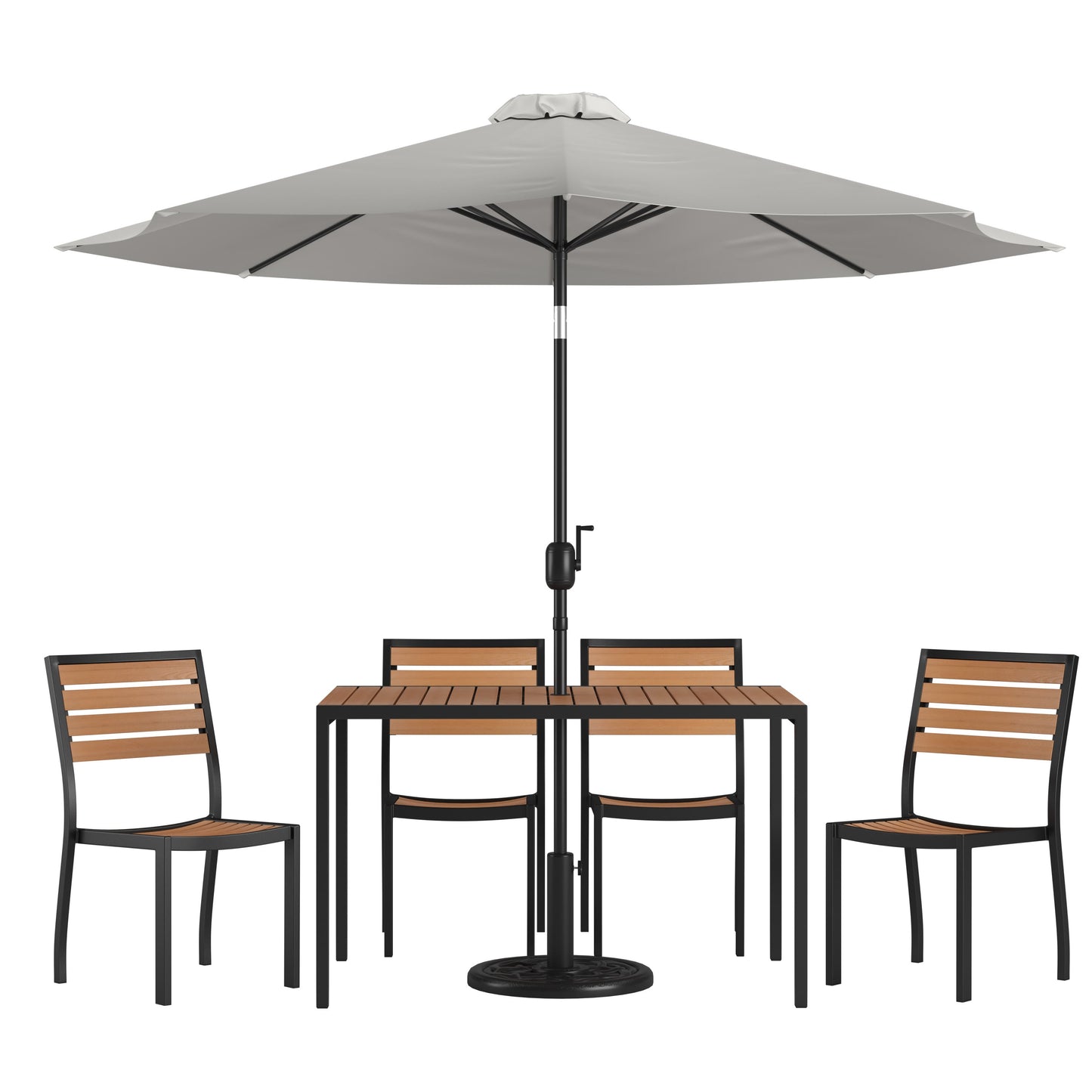 Lark 7 Piece All-Weather Deck or Patio Set with Stacking Faux Teak Chairs, Faux Teak Table & Umbrella with Base