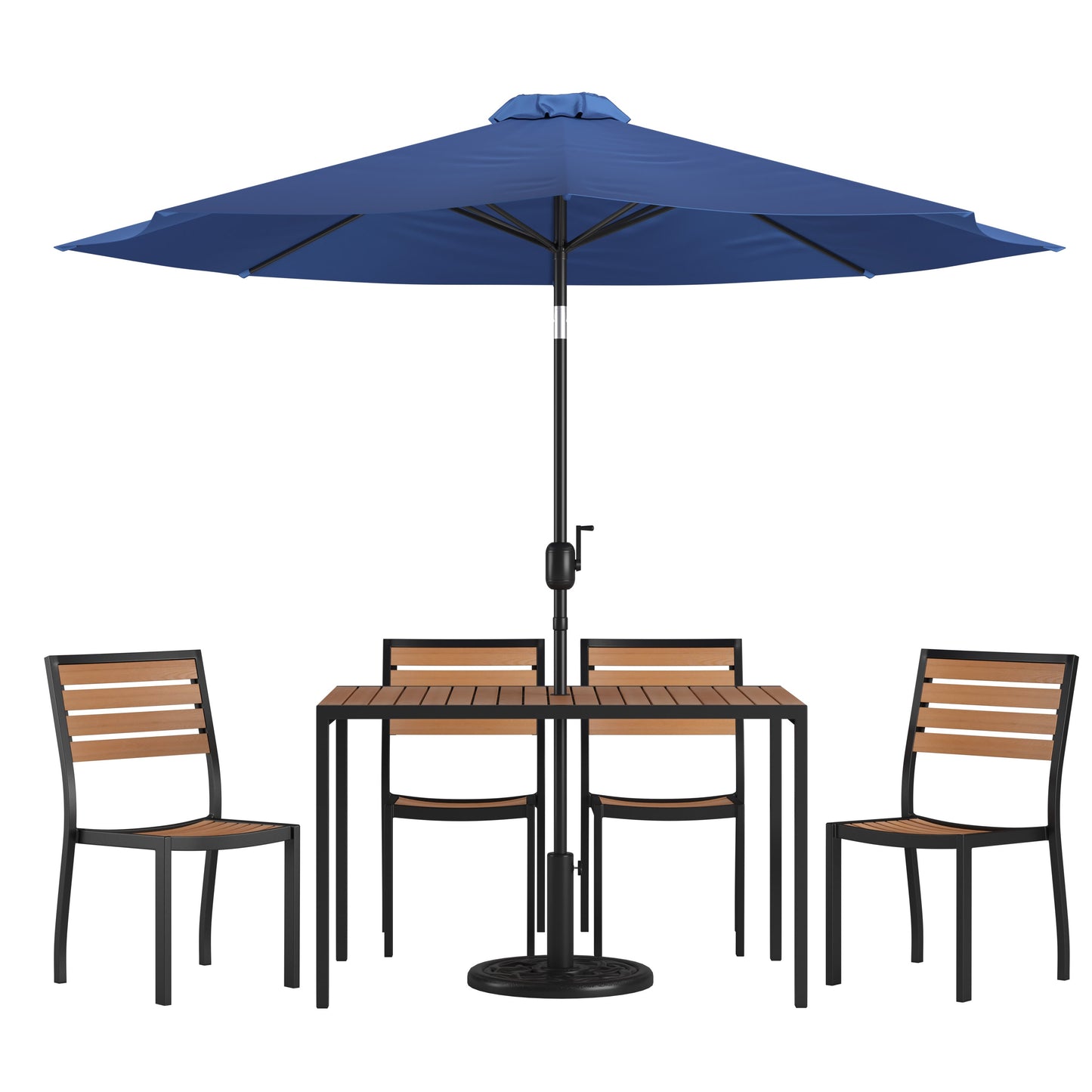 Lark 7 Piece All-Weather Deck or Patio Set with Stacking Faux Teak Chairs, Faux Teak Table & Umbrella with Base