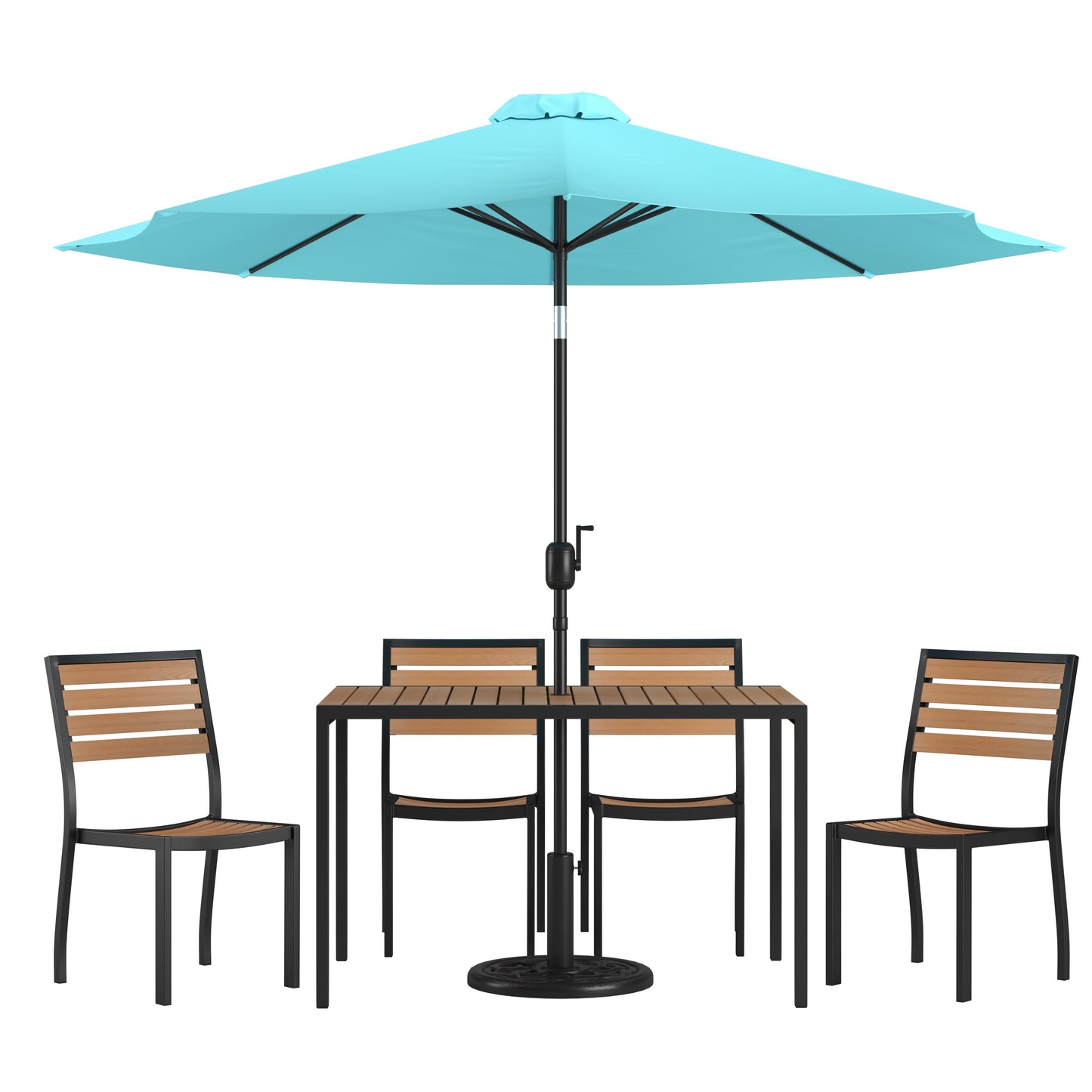Lark 7 Piece All-Weather Deck or Patio Set with Stacking Faux Teak Chairs, Faux Teak Table & Umbrella with Base