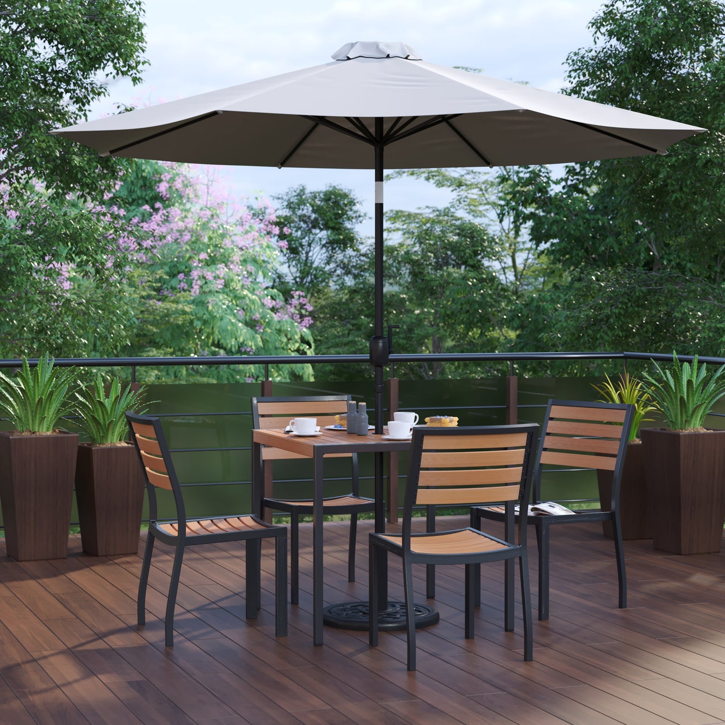 Lark 7 Piece All-Weather Deck or Patio Set with Stacking Faux Teak Chairs, Faux Teak Table & Umbrella with Base