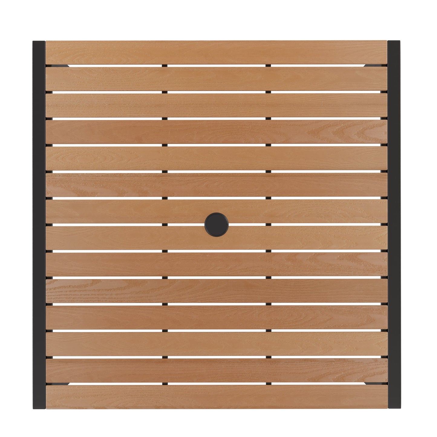 Lark 7 Piece All-Weather Deck or Patio Set with Stacking Faux Teak Chairs, Faux Teak Table & Umbrella with Base