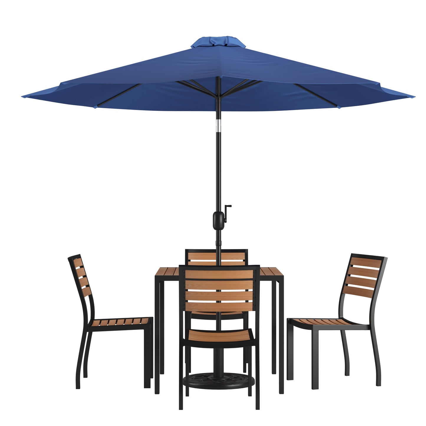 Lark 7 Piece All-Weather Deck or Patio Set with Stacking Faux Teak Chairs, Faux Teak Table & Umbrella with Base