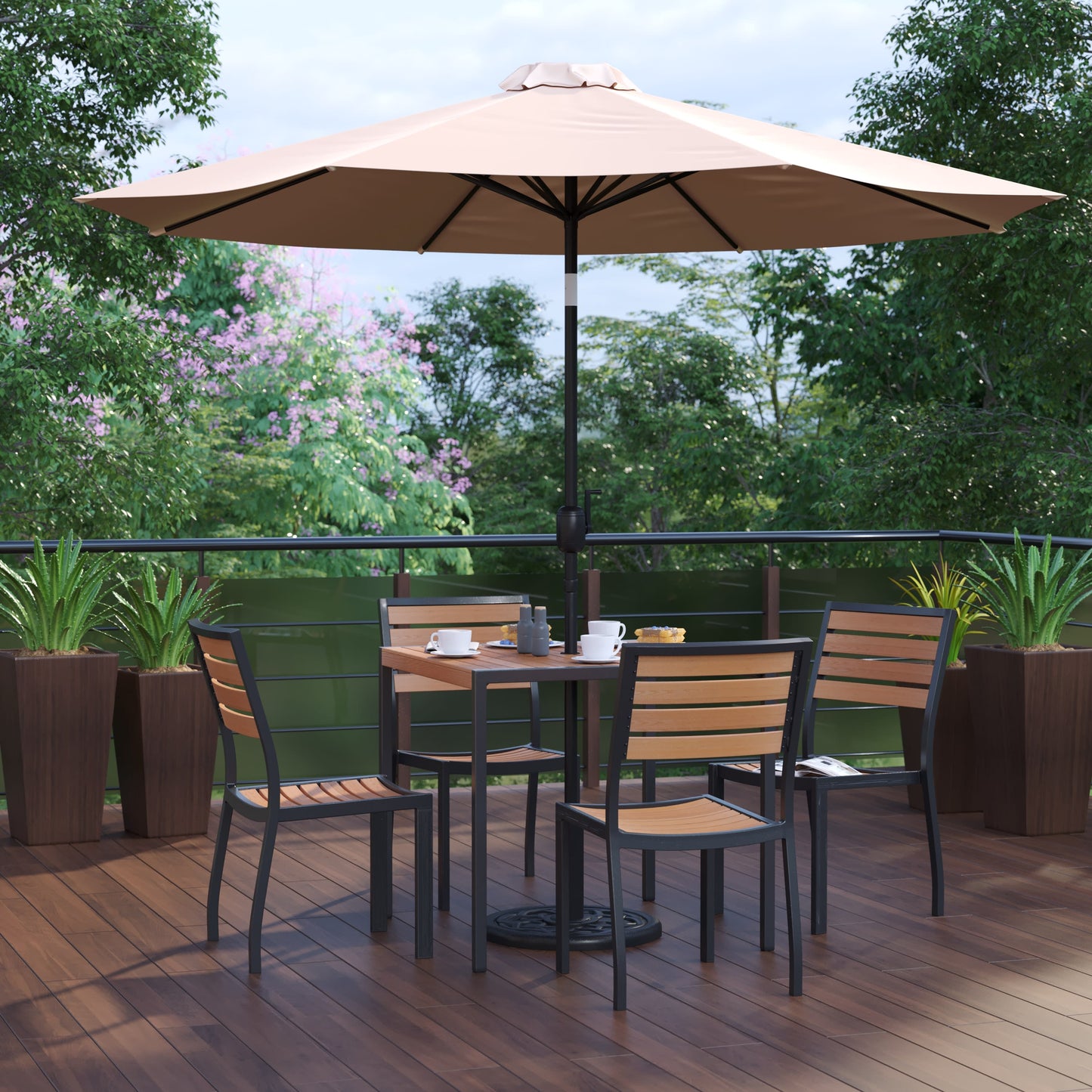 Lark 7 Piece All-Weather Deck or Patio Set with Stacking Faux Teak Chairs, Faux Teak Table & Umbrella with Base