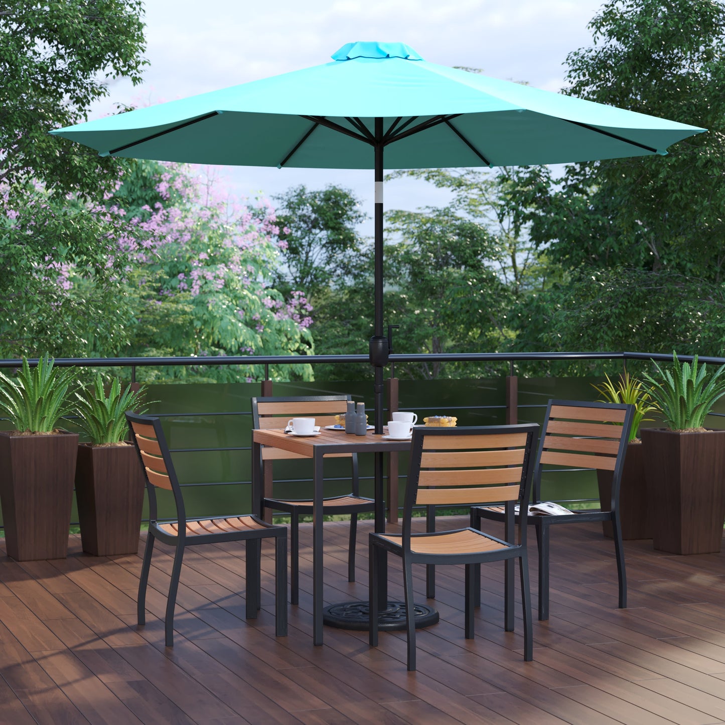 Lark 7 Piece All-Weather Deck or Patio Set with Stacking Faux Teak Chairs, Faux Teak Table & Umbrella with Base