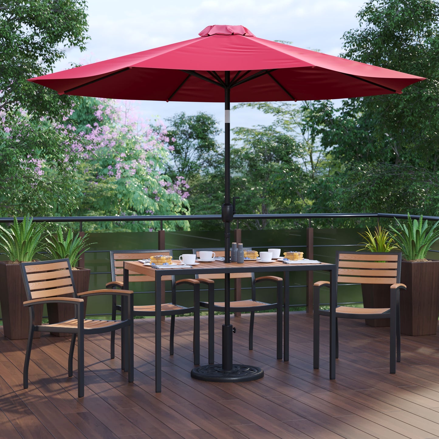 Lark 7 Piece Outdoor Patio Dining Table Set with 4 Synthetic Teak Stackable Chairs, Lark 30" x 48" Table & Umbrella with Base