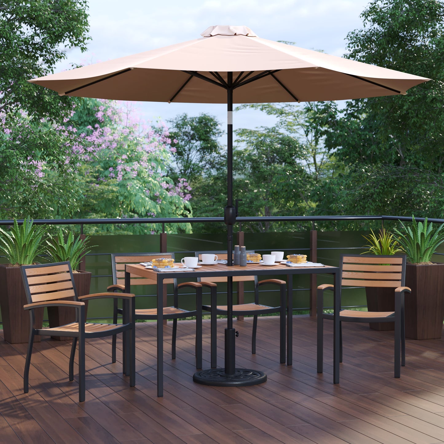 Lark 7 Piece Outdoor Patio Dining Table Set with 4 Synthetic Teak Stackable Chairs, Lark 30" x 48" Table & Umbrella with Base