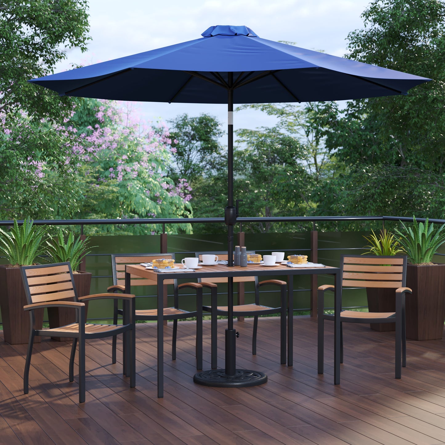 Lark 7 Piece Outdoor Patio Dining Table Set with 4 Synthetic Teak Stackable Chairs, Lark 30" x 48" Table & Umbrella with Base