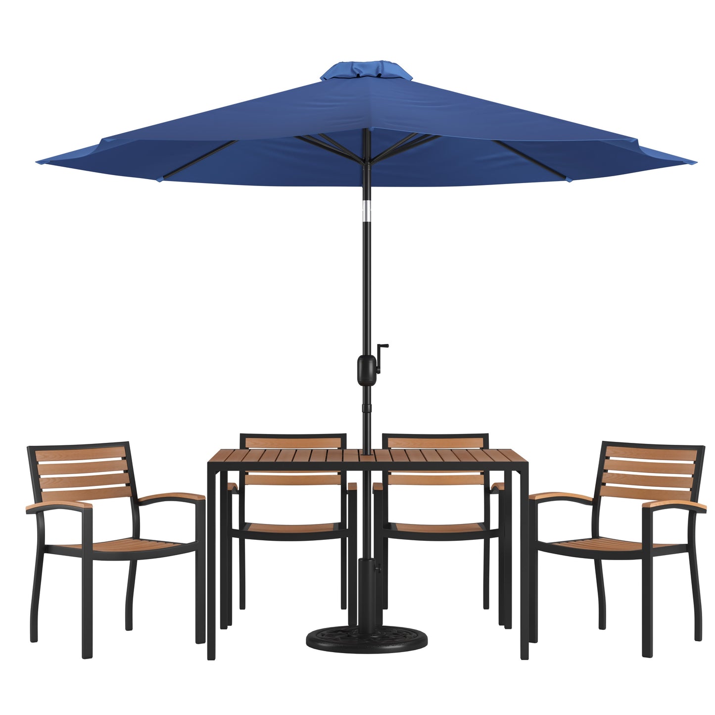 Lark 7 Piece Outdoor Patio Dining Table Set with 4 Synthetic Teak Stackable Chairs, Lark 30" x 48" Table & Umbrella with Base