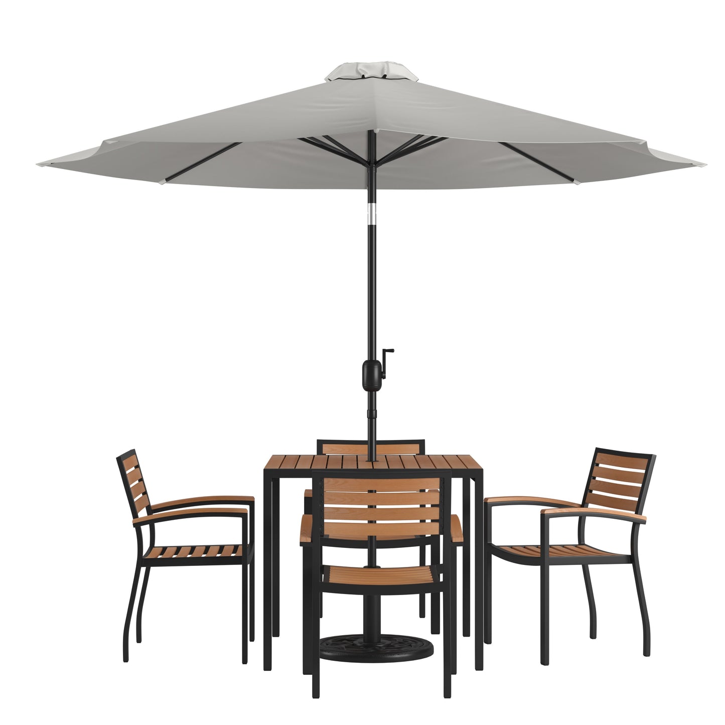 Lark 7 Piece Outdoor Patio Table Set with 4 Synthetic Teak Stackable Chairs, Lark 3Lark 5" Square Table & Umbrella with Base