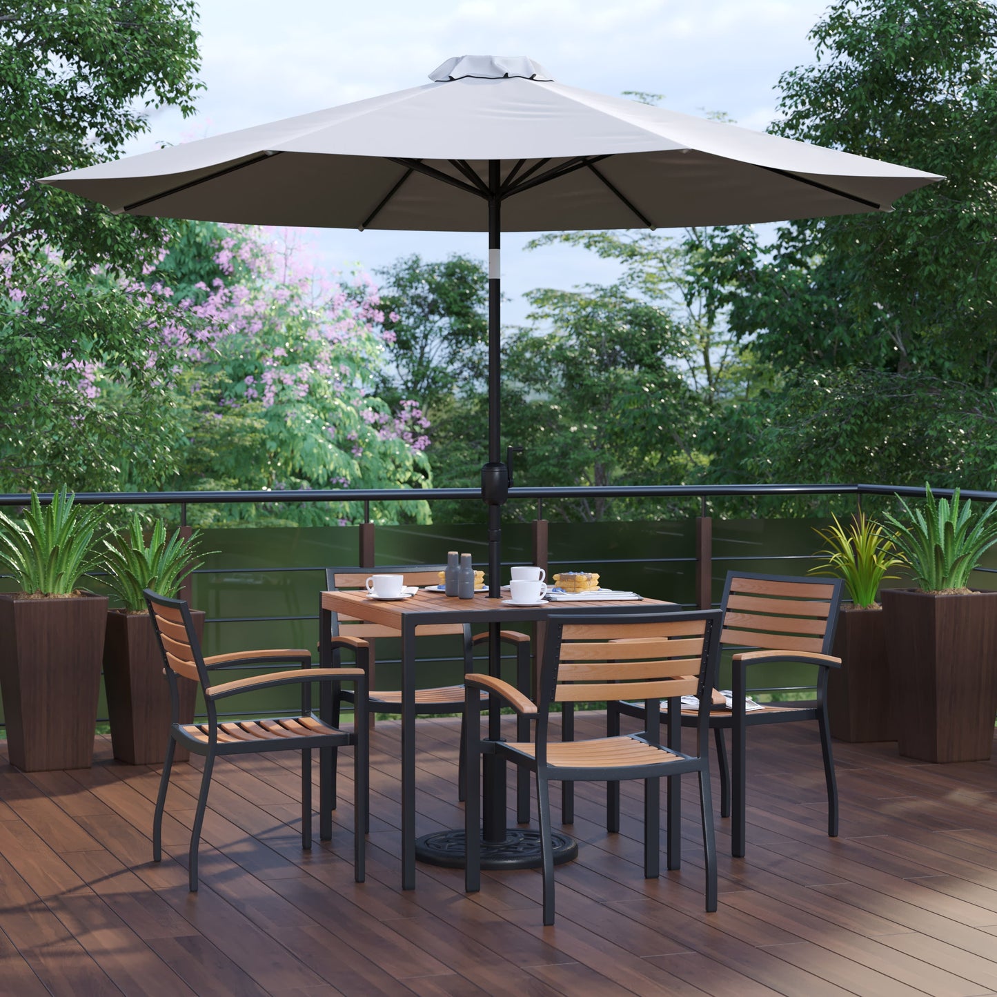 Lark 7 Piece Outdoor Patio Table Set with 4 Synthetic Teak Stackable Chairs, Lark 3Lark 5" Square Table & Umbrella with Base