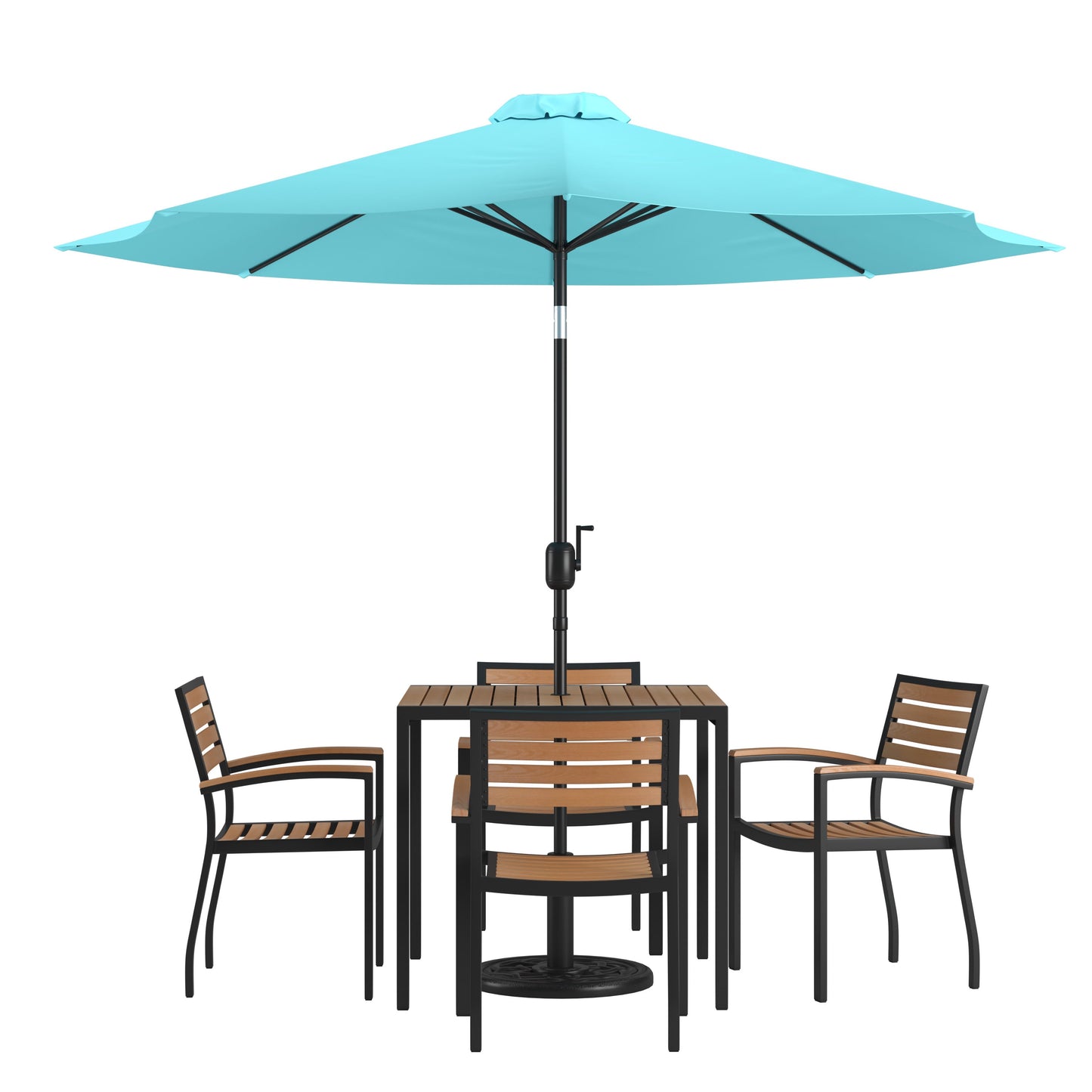 Lark 7 Piece Outdoor Patio Table Set with 4 Synthetic Teak Stackable Chairs, Lark 3Lark 5" Square Table & Umbrella with Base