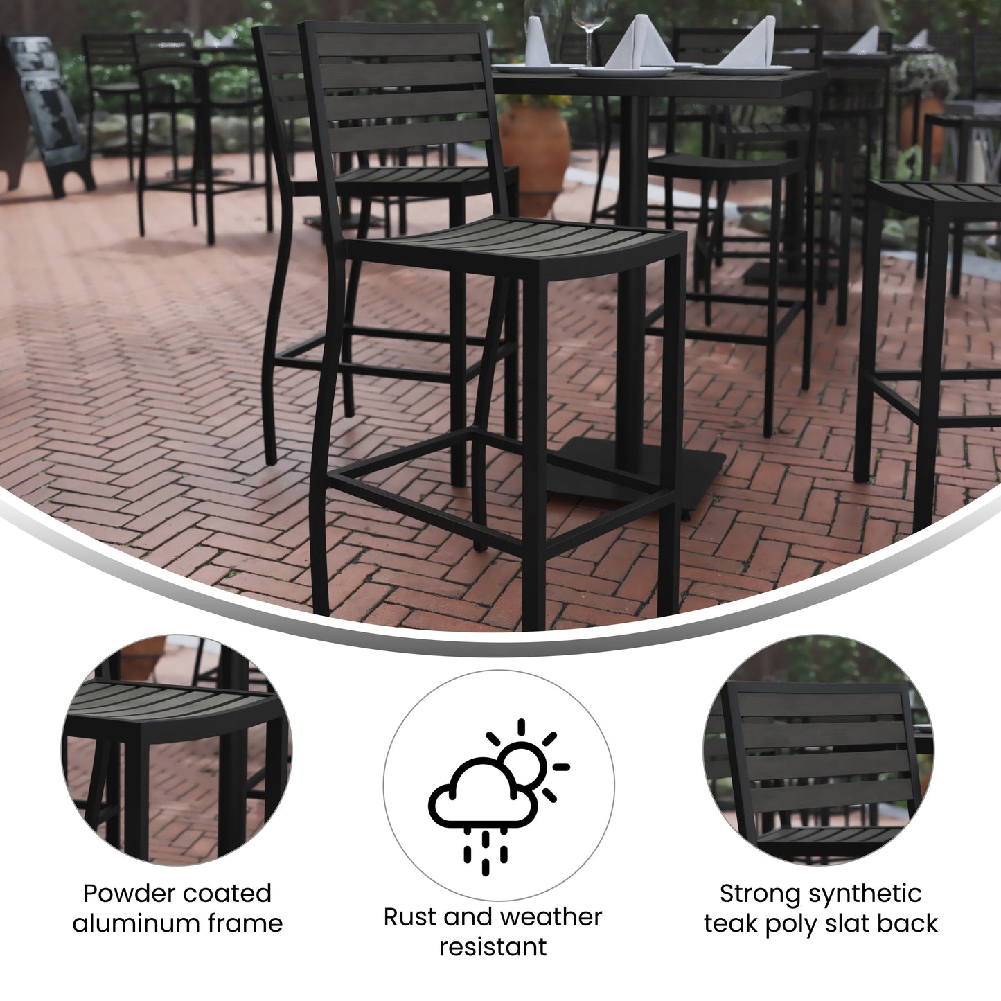 Lark Commercial Grade Bar Height Stool, All-Weather Outdoor Bar Stool with Faux Wood Poly Resin Slats and Aluminum Frame
