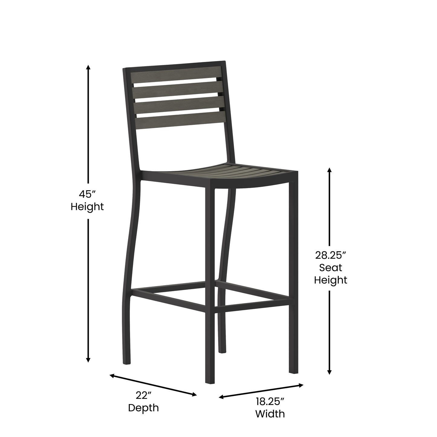 Lark Commercial Grade Bar Height Stool, All-Weather Outdoor Bar Stool with Faux Wood Poly Resin Slats and Aluminum Frame