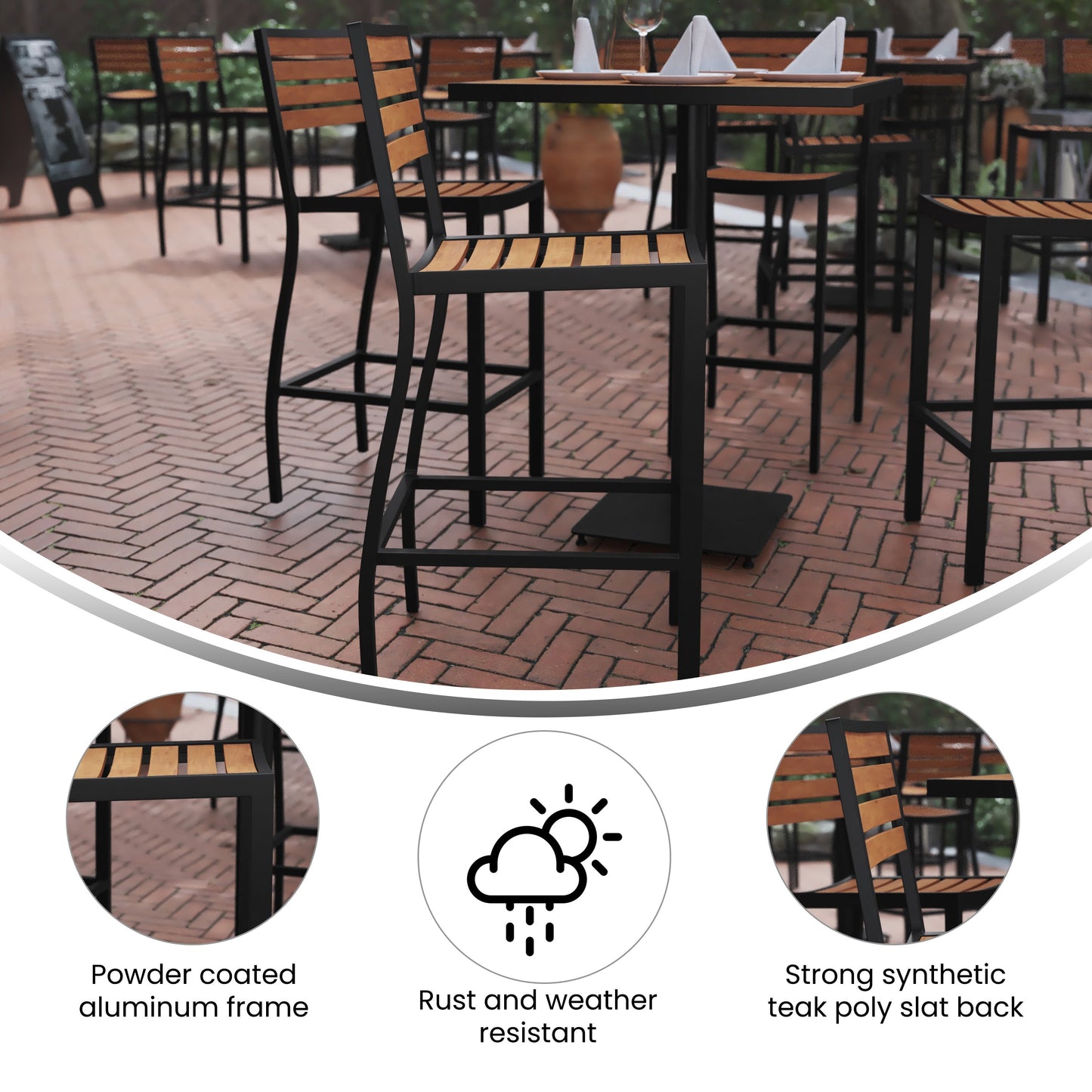 Lark Commercial Grade Bar Height Stool, All-Weather Outdoor Bar Stool with Faux Wood Poly Resin Slats and Aluminum Frame