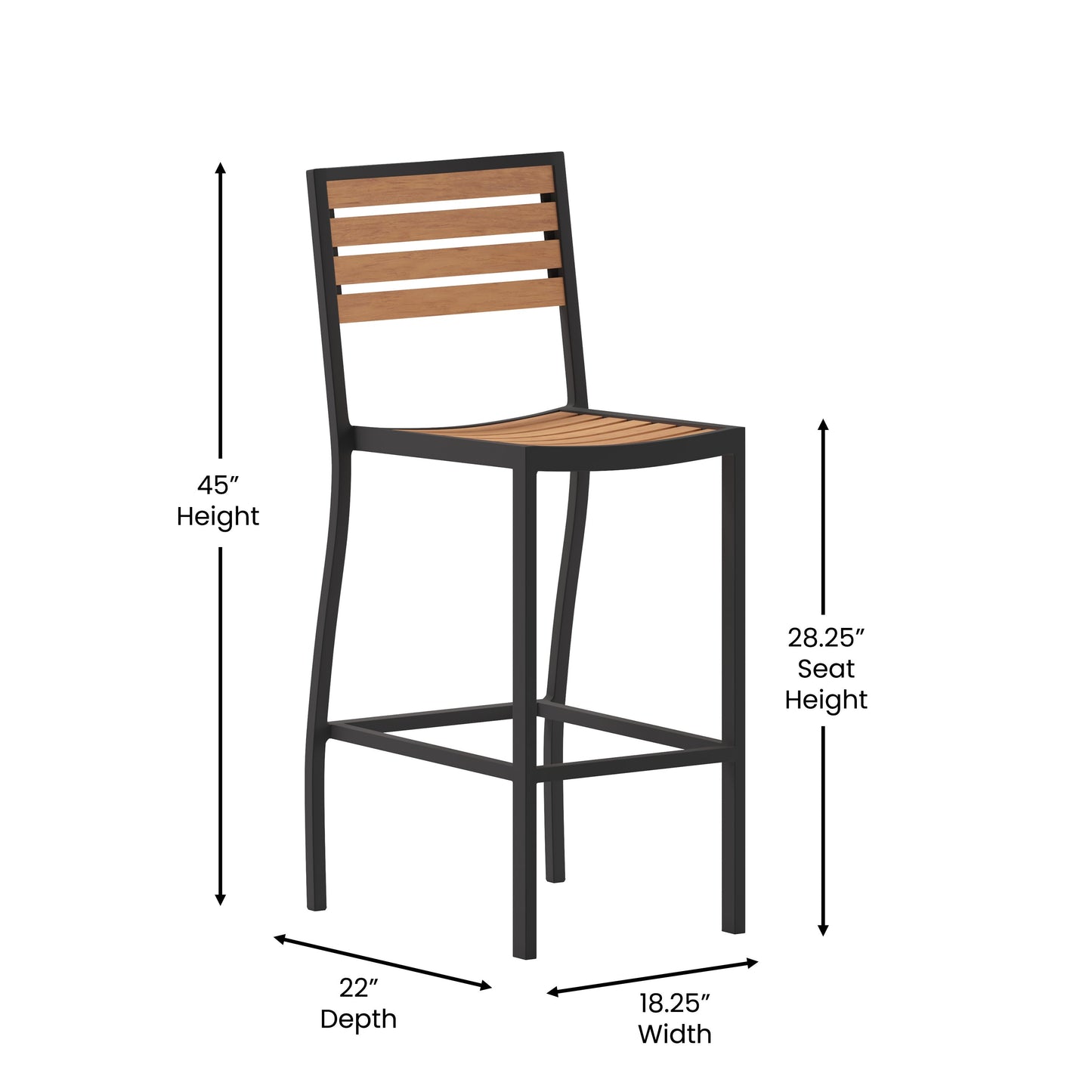 Lark Commercial Grade Bar Height Stool, All-Weather Outdoor Bar Stool with Faux Wood Poly Resin Slats and Aluminum Frame
