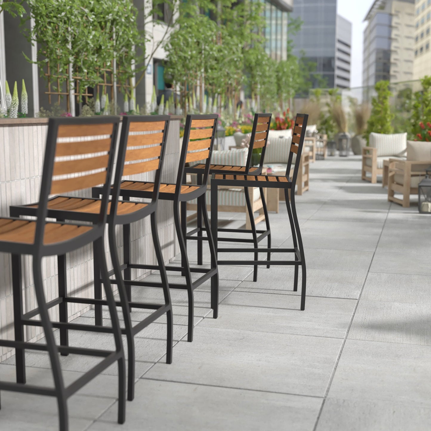 Lark Commercial Grade Bar Height Stool, All-Weather Outdoor Bar Stool with Faux Wood Poly Resin Slats and Aluminum Frame