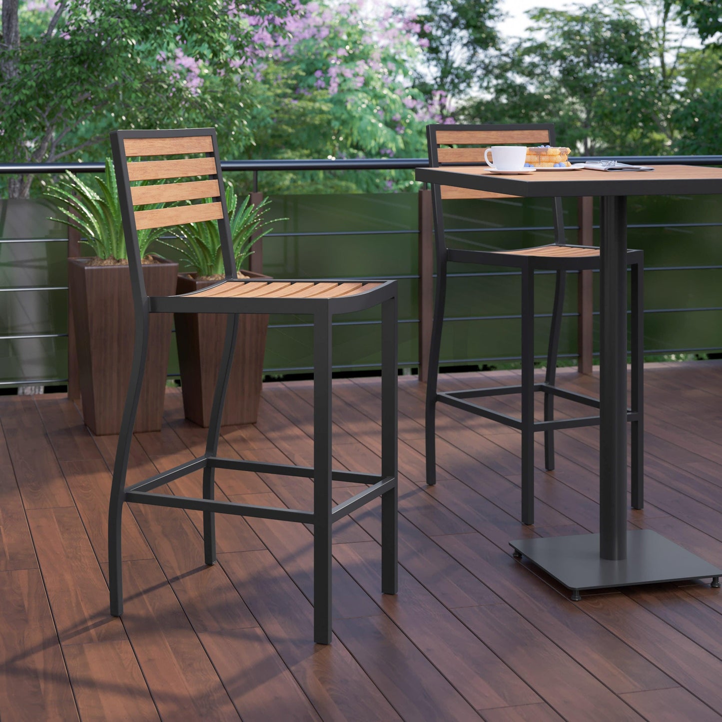 Lark Commercial Grade Bar Height Stool, All-Weather Outdoor Bar Stool with Faux Wood Poly Resin Slats and Aluminum Frame