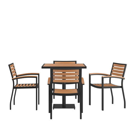 Lark Indoor/Outdoor 5 Piece Patio Dining Table Set with Faux Teak Table & 4 Stacking Club Chairs with Teak Accented Arms