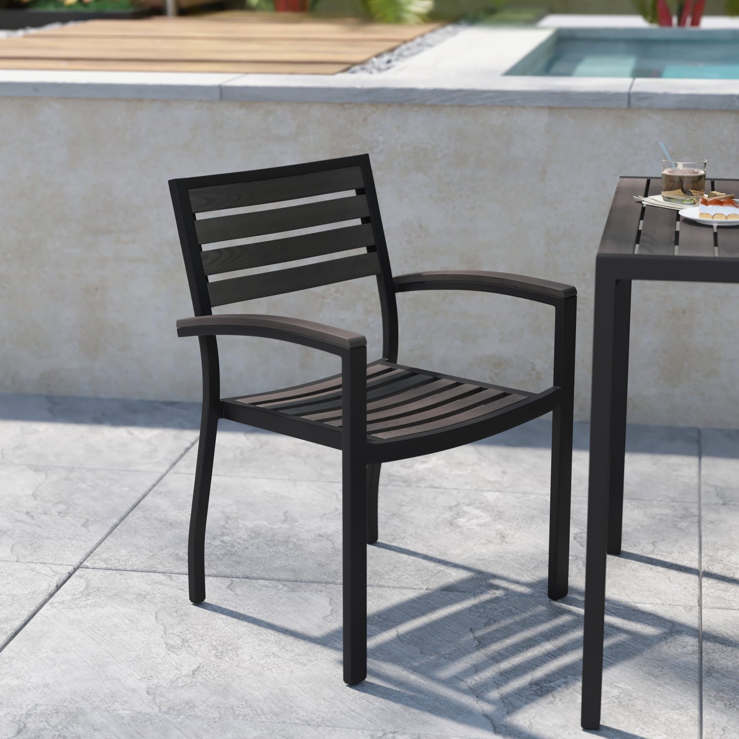 Lark Outdoor Stackable Faux Teak Side Chair - Commercial Grade Aluminum Patio Chair with Synthetic Teak Slats