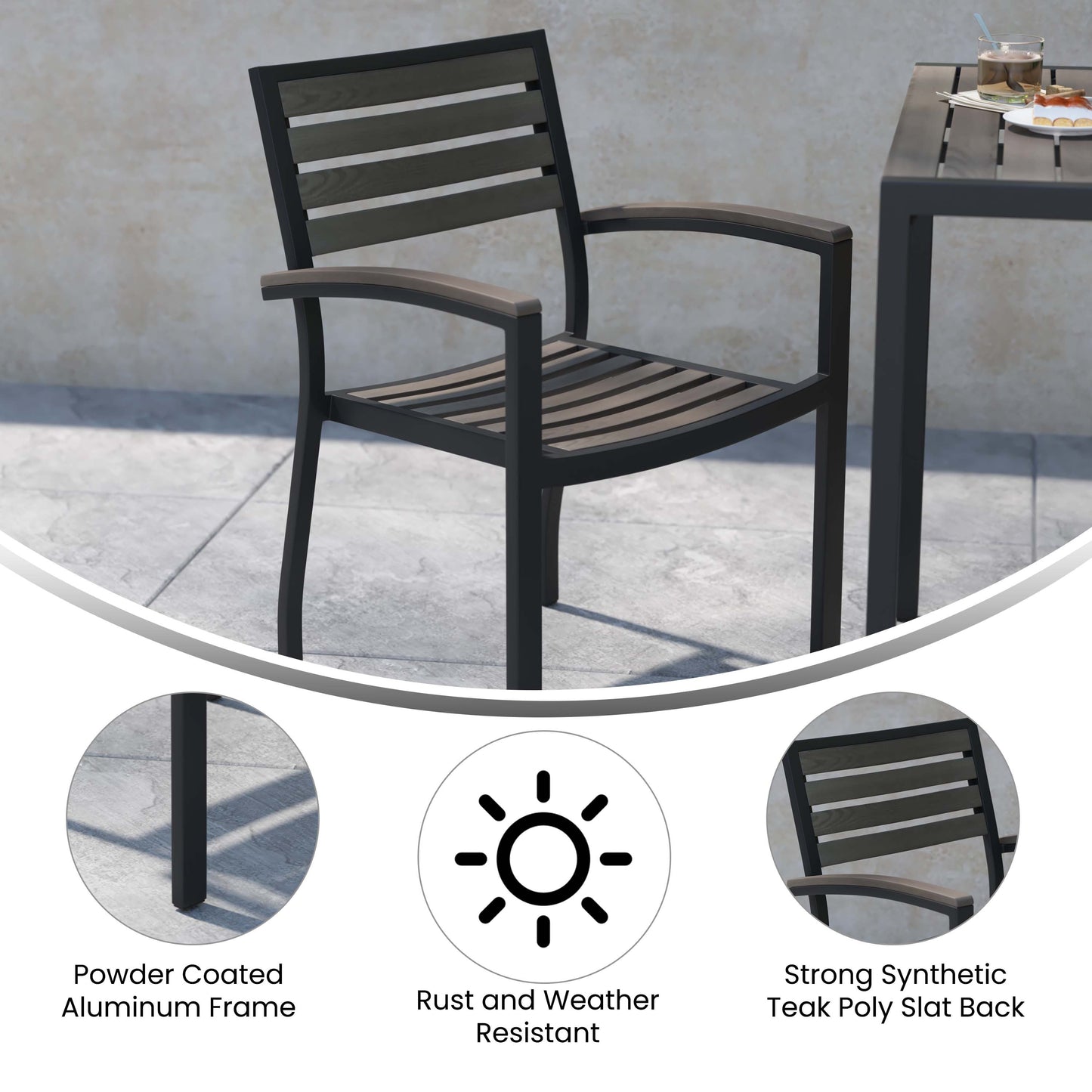 Lark Outdoor Stackable Faux Teak Side Chair - Commercial Grade Aluminum Patio Chair with Synthetic Teak Slats