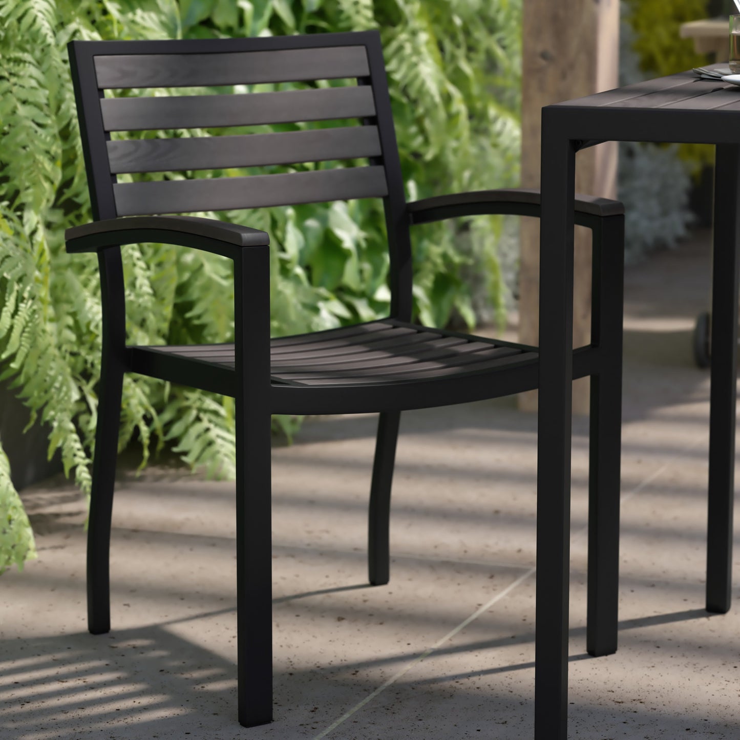 Lark Outdoor Stackable Faux Teak Side Chair - Commercial Grade Aluminum Patio Chair with Synthetic Teak Slats
