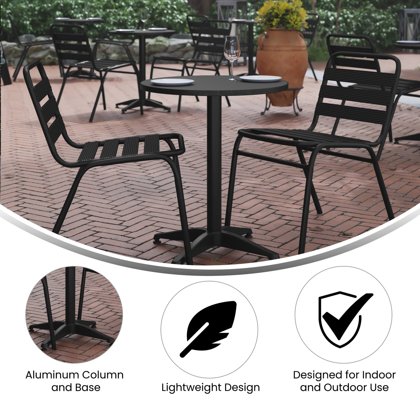 Lila 23.5'' Round Aluminum Indoor-Outdoor Table Set with 2 Slat Back Chairs