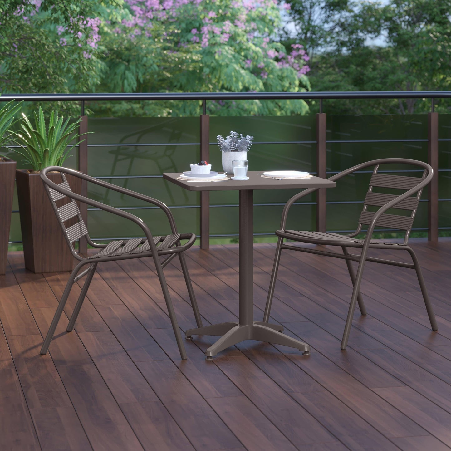 Lila 23.5'' Square Aluminum Indoor-Outdoor Table Set with 2 Slat Back Chairs