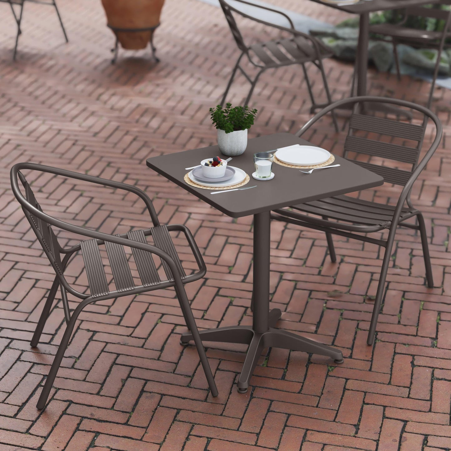 Lila 23.5'' Square Aluminum Indoor-Outdoor Table Set with 2 Slat Back Chairs