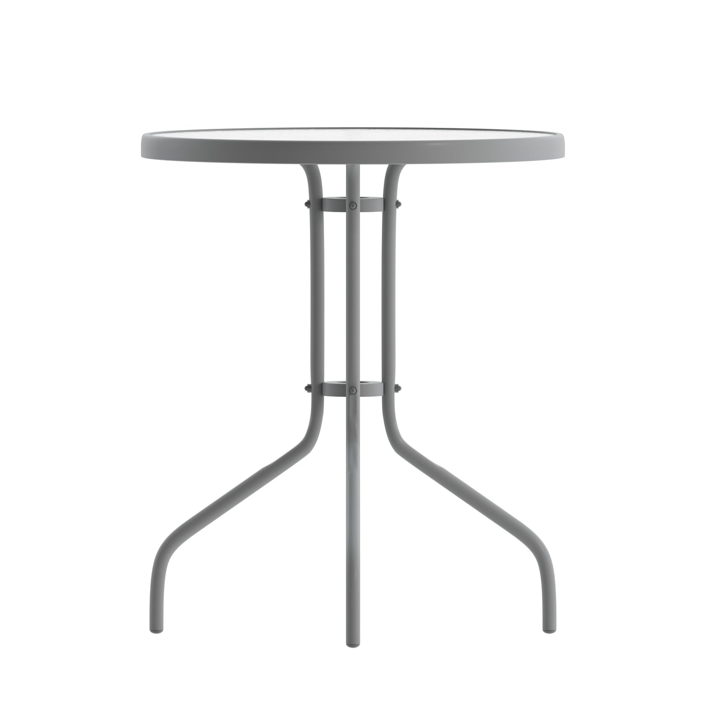 Lila 23.75'' Round Glass Metal Table with 2 Metal Aluminum Slat Stack Chairs