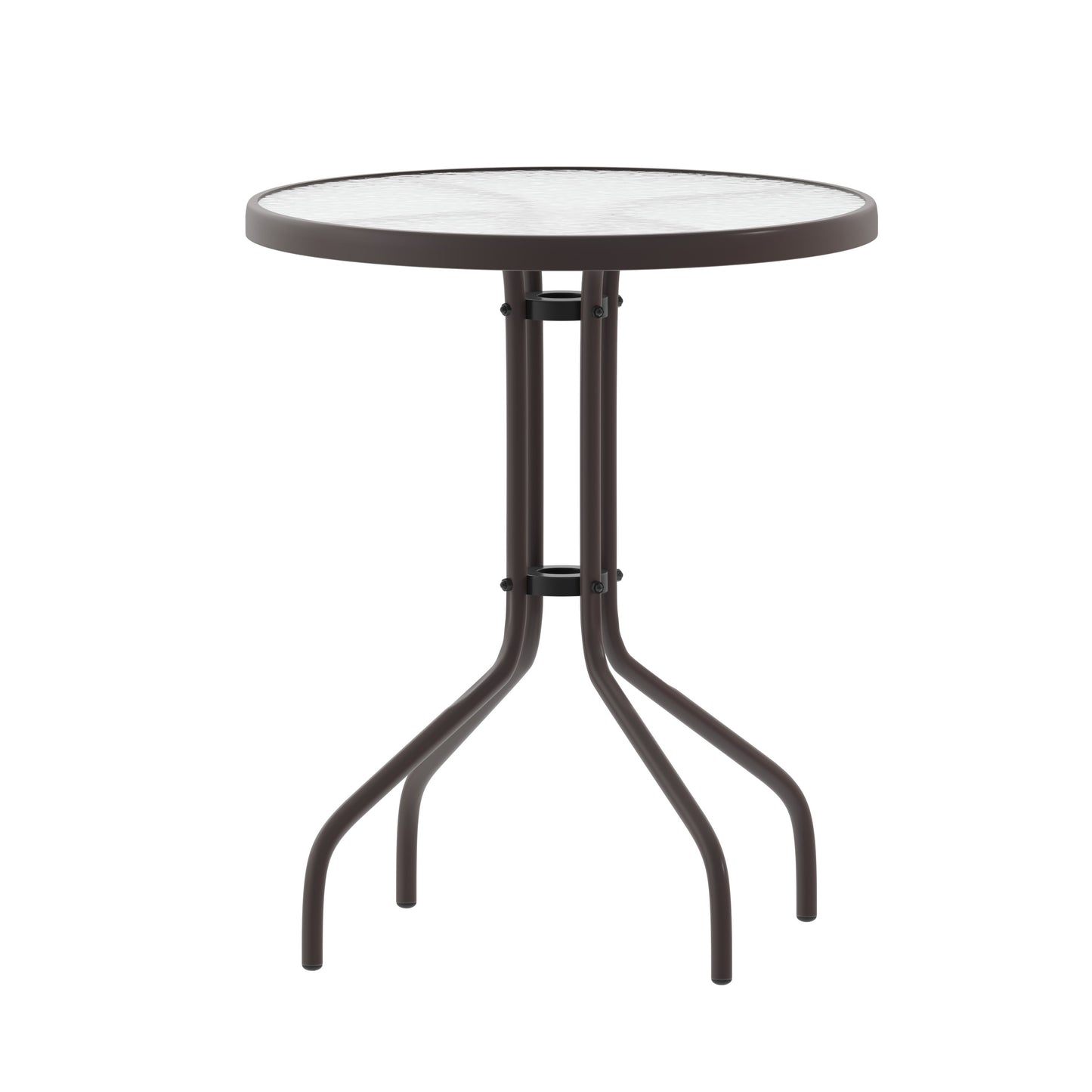 Lila 23.75'' Round Glass Metal Table with 2 Metal Aluminum Slat Stack Chairs