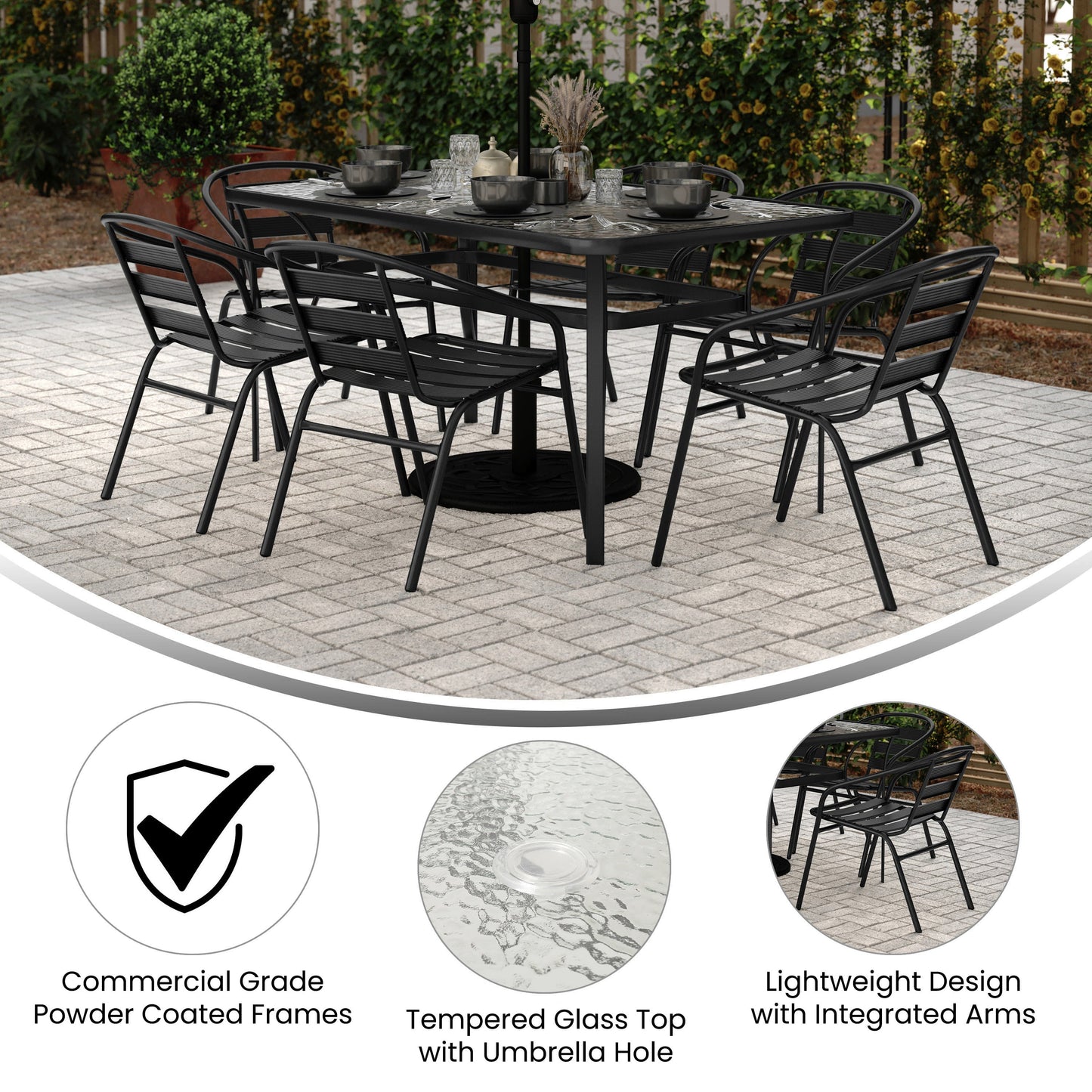 Lila 7 Piece Commercial Outdoor Patio Dining Set with Tempered Glass Patio Table with Umbrella Hole and 6 Triple Slat Chairs