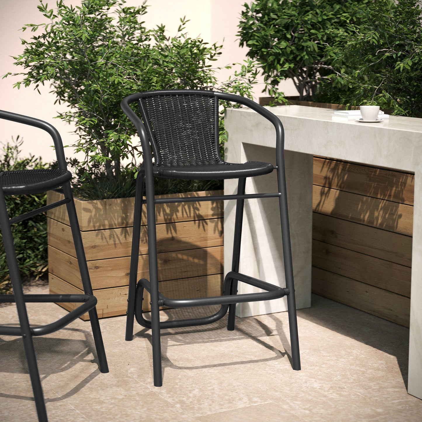 Lila Commercial Grade Indoor-Outdoor PE Rattan Restaurant Barstool with Steel Frame and Footrest