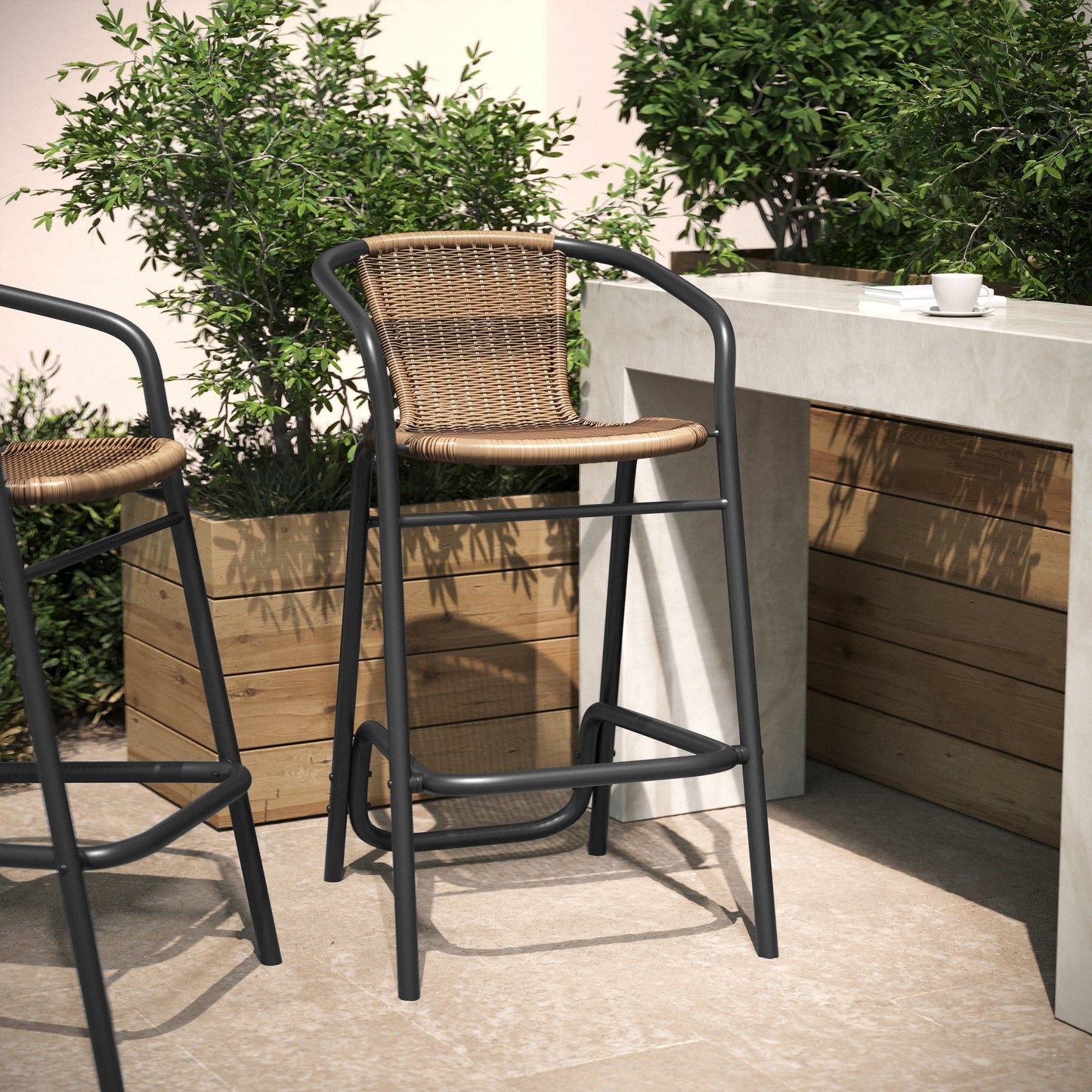 Lila Commercial Grade Indoor-Outdoor PE Rattan Restaurant Barstool with Steel Frame and Footrest