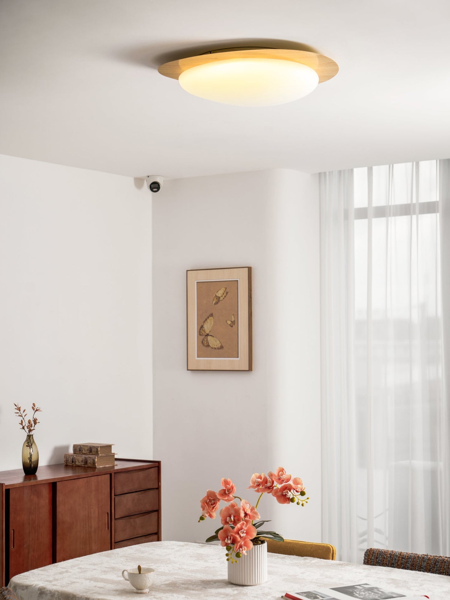 Pebble Round Flush Mount Ceiling Light With Wood-Trim Rim