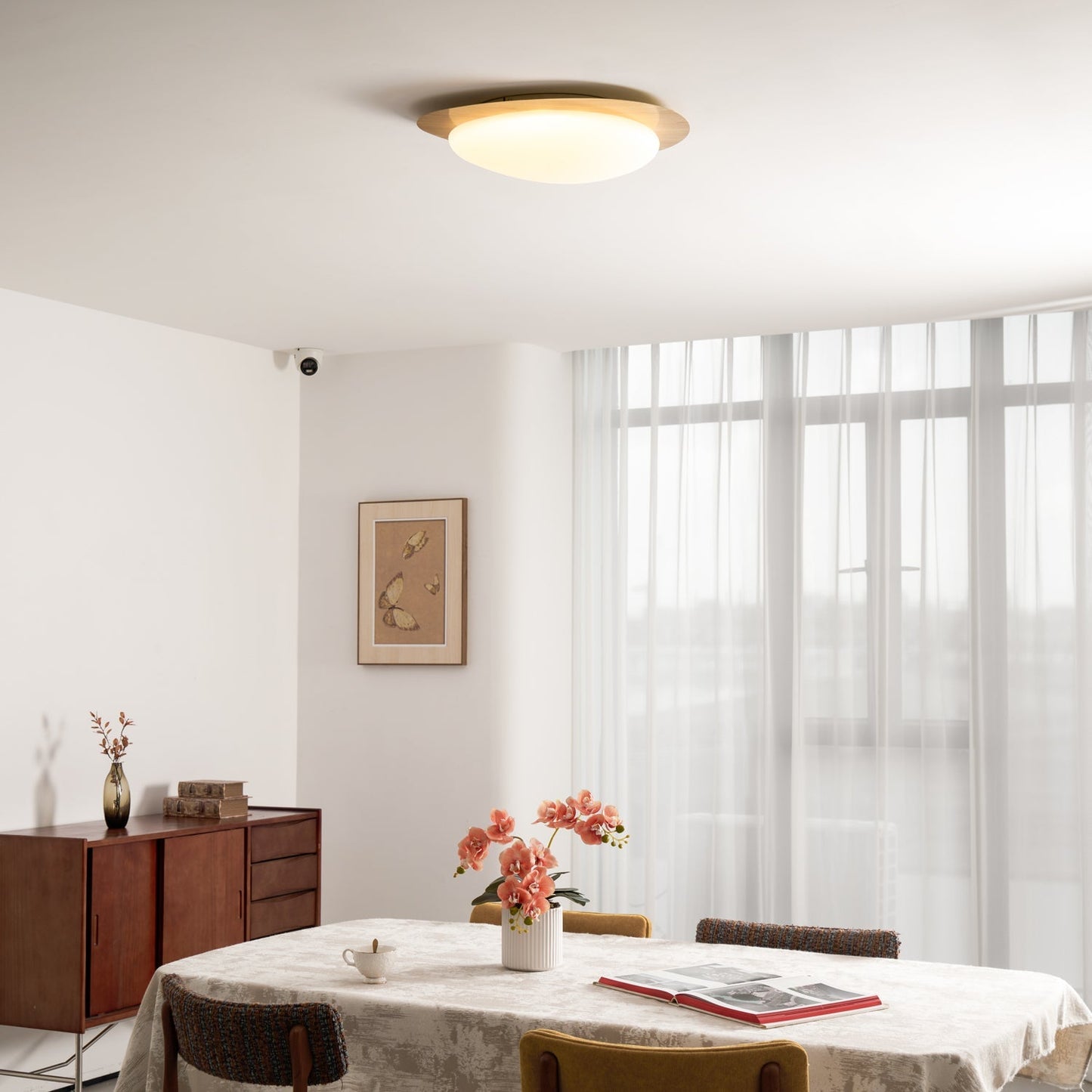 Pebble Round Flush Mount Ceiling Light With Wood-Trim Rim