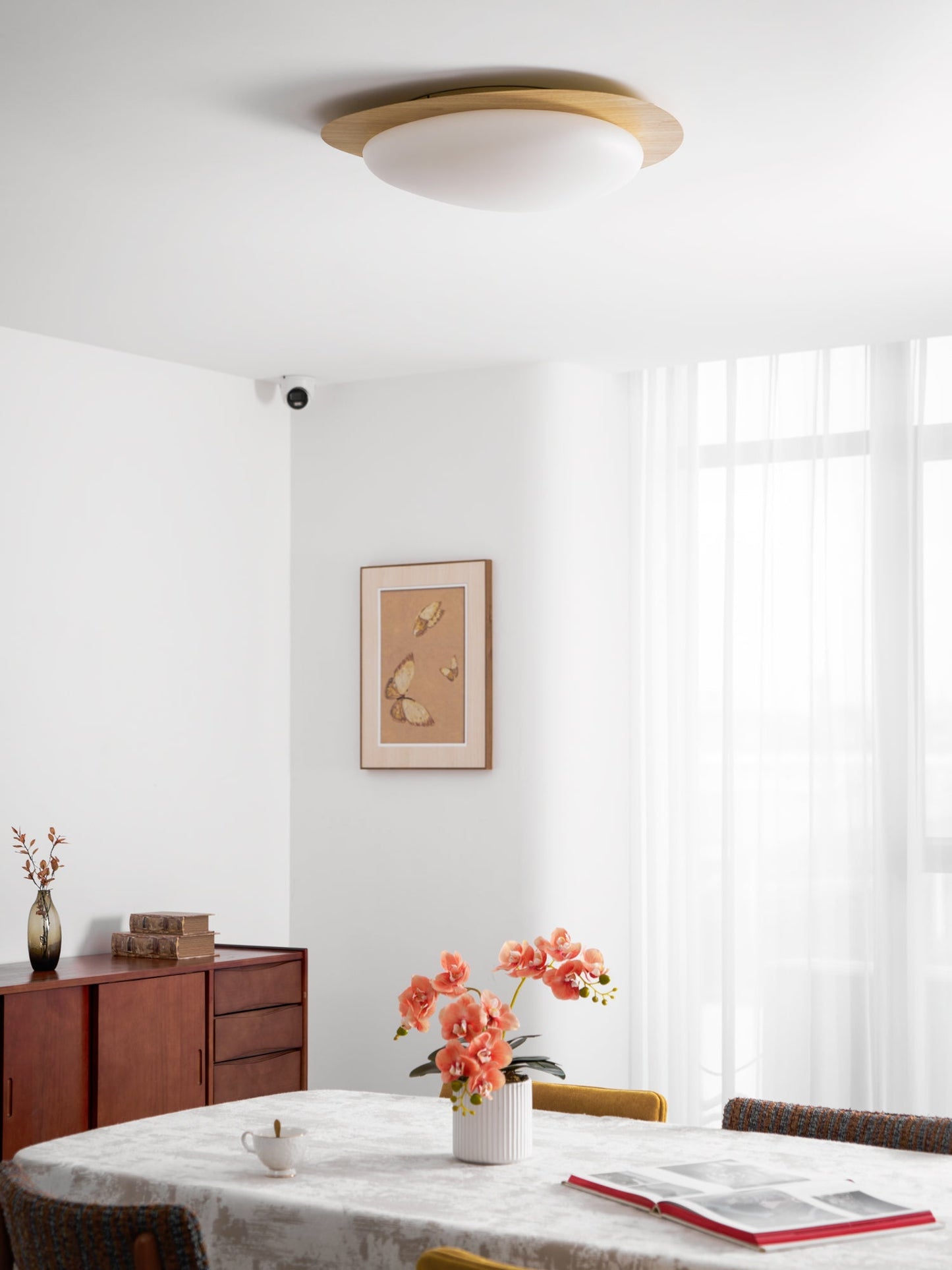 Pebble Round Flush Mount Ceiling Light With Wood-Trim Rim