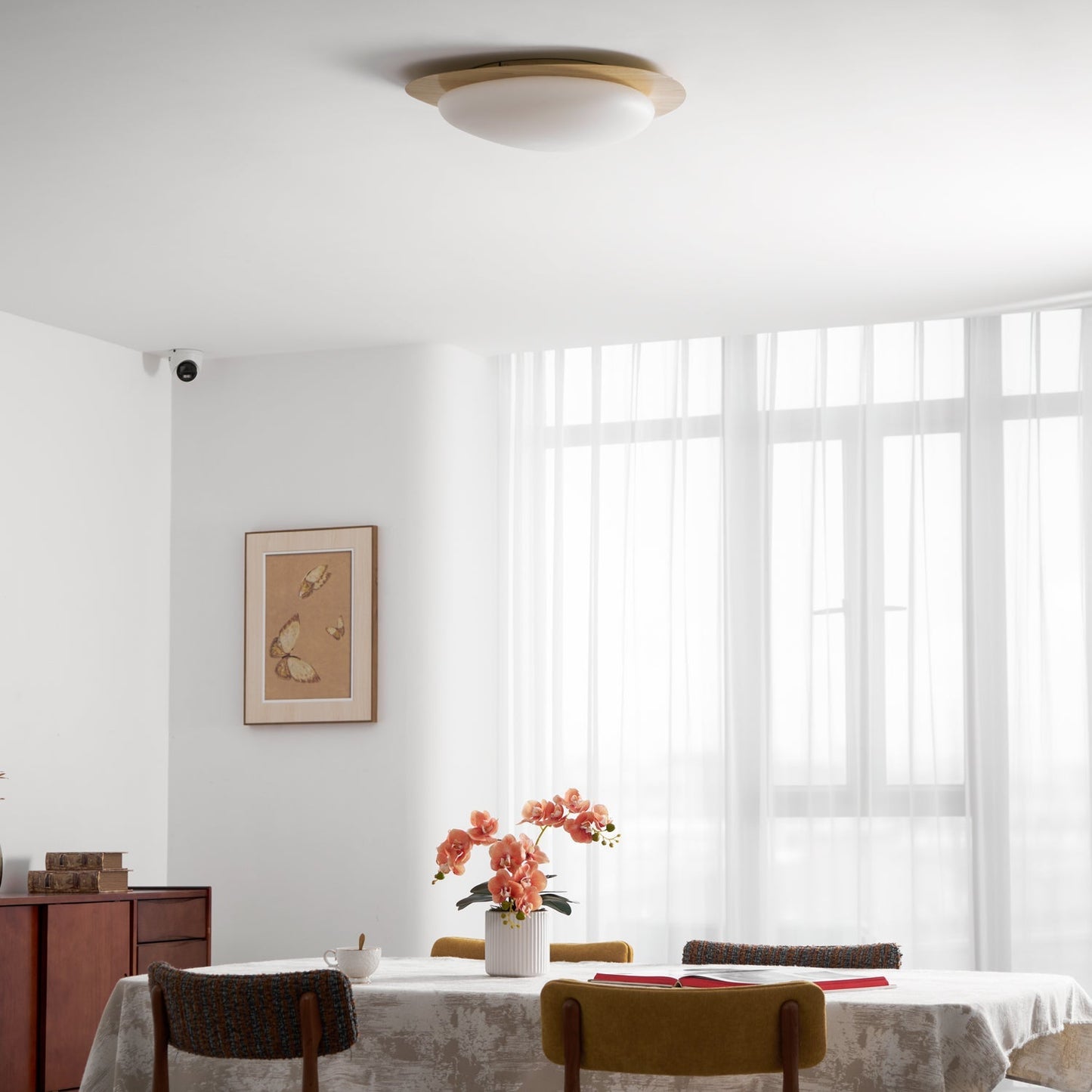 Pebble Round Flush Mount Ceiling Light With Wood-Trim Rim